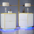 Fluted Nightstand Set of 2, White End Table with LED, Modern Floating Night Stand with Base, Bedside Table with Storage, End Table with Drawers for Bedroom, White and Gold