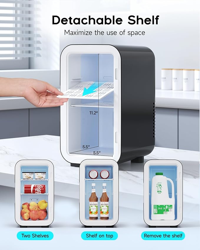 Mini Fridge,6 Liter / 8 Can Small Fridge for Bedroom, Car, Office & Dorm, AC100-120 V/DC 12 V Portable Thermoelectric Cooler & Warmer for Skincare, Food, Drinks,Black ﻿