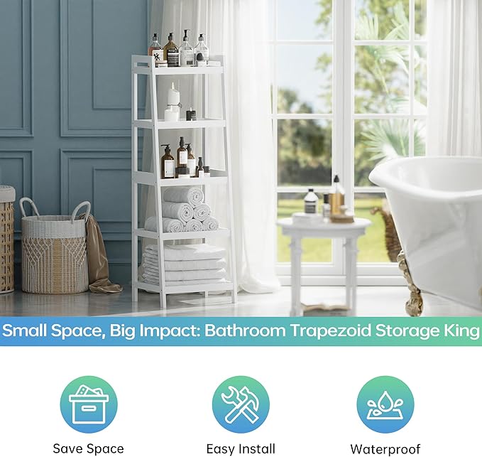 SMIBUY Bamboo Ladder Bookcase, Bathroom Storage Rack Organizer, 4 Tier and 5 Tier Freestanding Plant Display Stand Space Saver Shelves for Bedroom, Kitchen, Balcony (White, 5 Tiers (50" H))