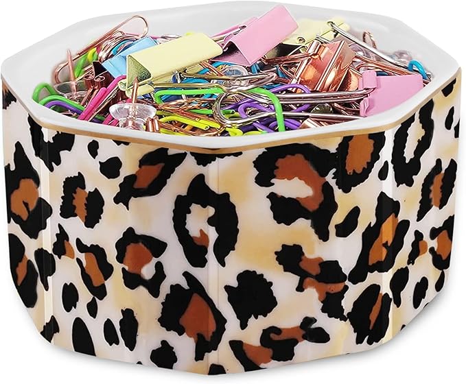 Ceramic Paper Clip Holder Gold Line Paper Clip Dispenser Organizer for Desk Cute Leopard Office Binder Clip Holder Bobby Pin and Hair Clip Holder Gift for Office Brown