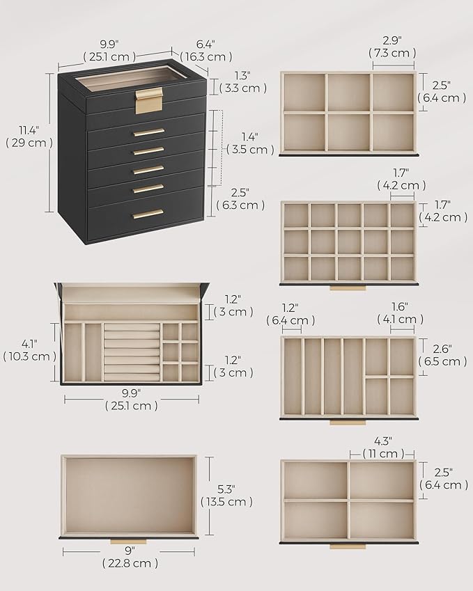 SONGMICS Jewelry Box Organizer with Glass Lid, 6-Layer Jewelry Storage, with 5 Drawers, Modern Style, Christmas Gift, 6.4 x 9.9 x 11.4 Inches, Graphite Black and Gold Color UJBC171B01