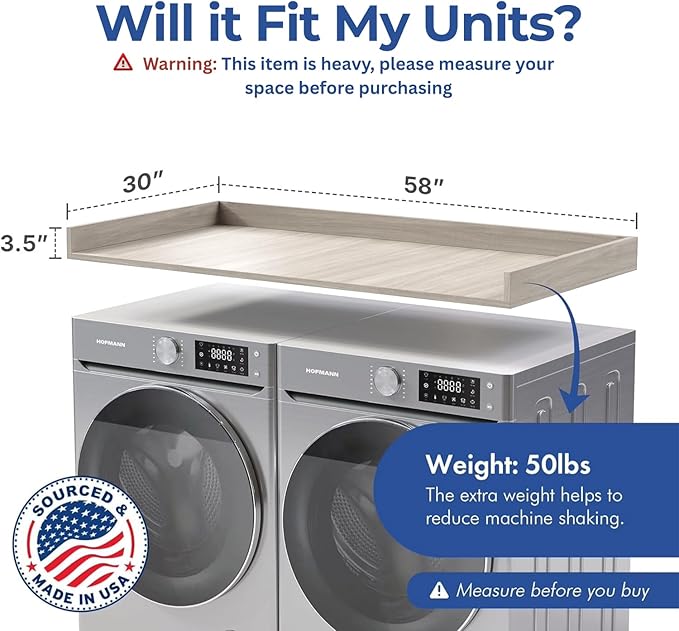 OfficeSimpli Large Washer Dryer Countertop 30 x 58 - Made in USA - Laundry Countertop Over Washer and Dryer, Laundry Room Countertop Organization Solution with Non-Slip Pads, Rustic Oak