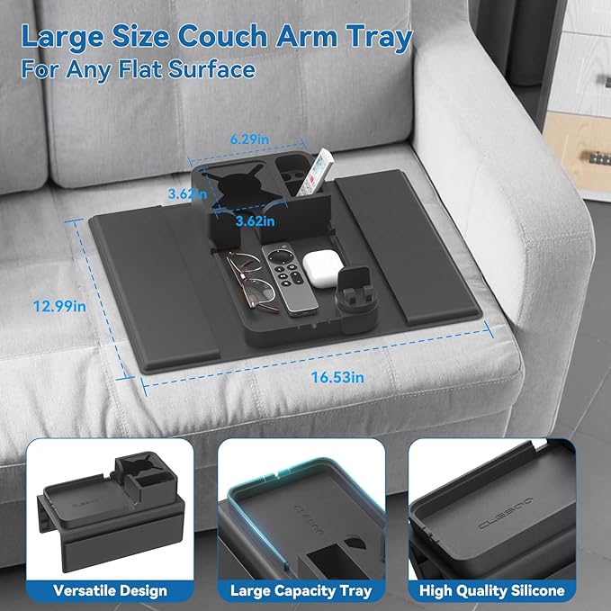 Couch Arm Cup Holder CLESOO Couch Arm Tray Anti-Slip Couch Cup Holder Silicone Sofa Armrest Tray Dual Side Pocket Couch Drink Holder Sofa Caddy Arm Remote Holder Snack Caddy with Phone Holder Black