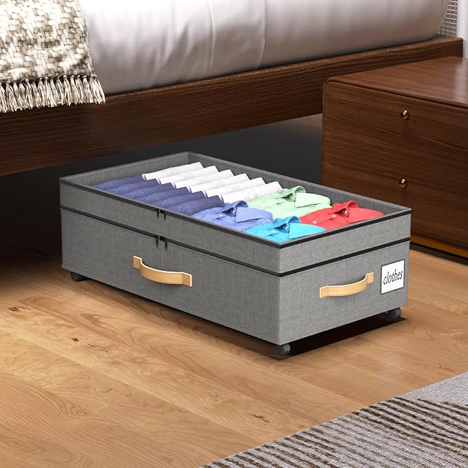 2 Pack Under Bed Storage with Wheels 65L XXL Large Under Bed Storage Containers Box with Lids 10inchs Underbed Storage with Wheels Rolling Under the Bed Storage Bins for Shoes,Clothes,Blankets,Toys