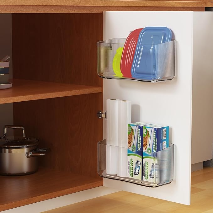 MaraFansie 2 Pack Over Cabinet Organizer Storage Lid Organizer Caddy Space Saver No Drilling Adhesive Hook Over Door Organizer, Transparent, MFLO2PUSNEW