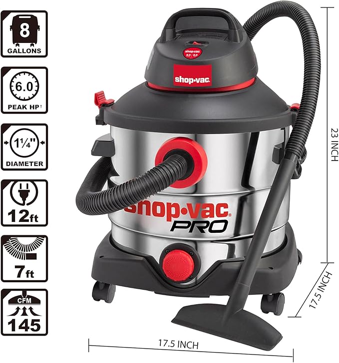 Shop-Vac 8 Gallon 6.0 Peak HP Wet/Dry Vacuum, Stainless Steel Tank, Portable Shop Vacuum with Multifunctional Attachments for Jobsite, Garage & Workshop. 5989400