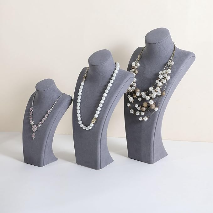 GemeShou Grey necklace storage organizer for sale, Velvet necklace holder stand, jewelry bust display stands, Jewelry Mannequin for Countertop, Showcase【Grey-Medium height 10.43 inch】