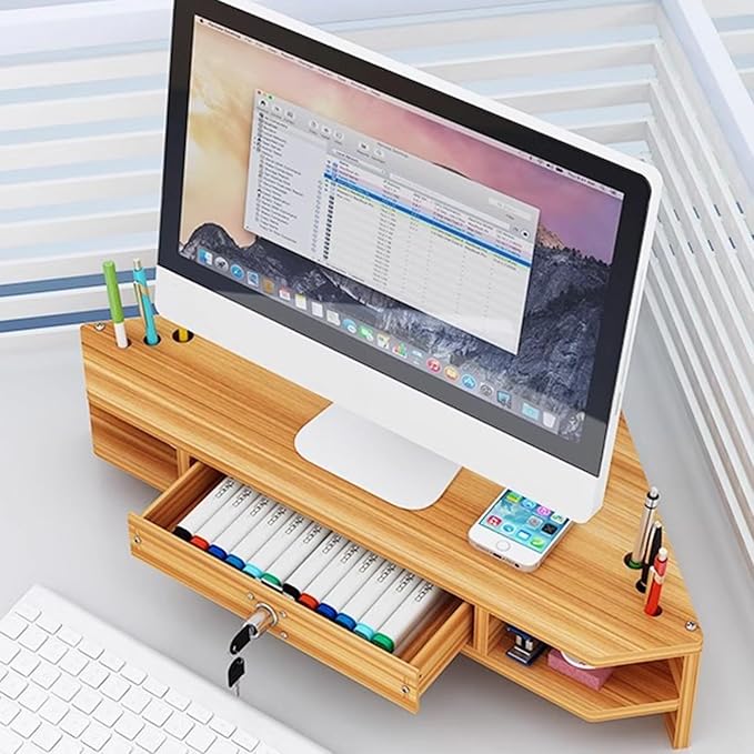 Triangular Wooden Corner Monitor Stand - Space-Saving Desktop Organizer & Laptop Shelf with Drawer, Perfect for Home & Office Use, Maximizing Workspace Efficiency