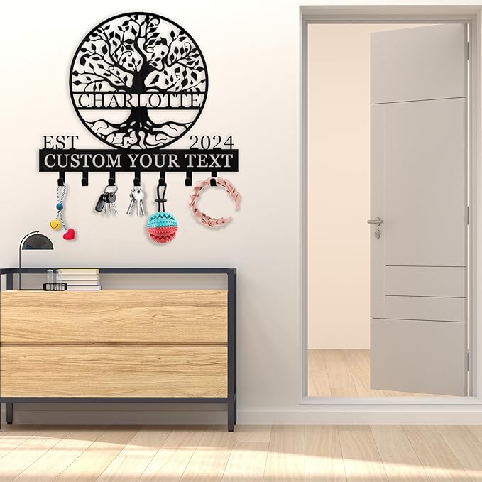 Personalized Key Holder Wall Mount - Custom Name Tree of Life Key Holder for Wall, Metal Key Rack Coat Rack for Front Door, Living Room, Kitchen, Housewarming Wedding Gift