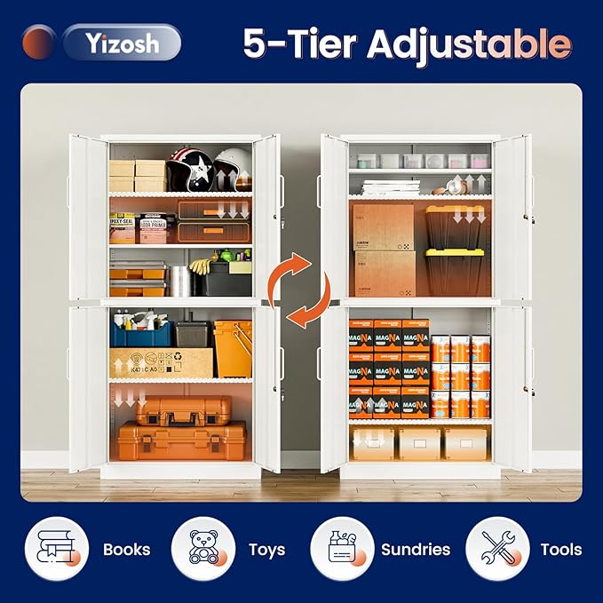 Yizosh Metal Storage Locking Cabinet with 4 Doors and 2 Adjustable Shelves,71" Lockable Garage Tall Steel Cabinet,for Home Office,Living Room,Pantry,Gym,Commercial Storage (White)