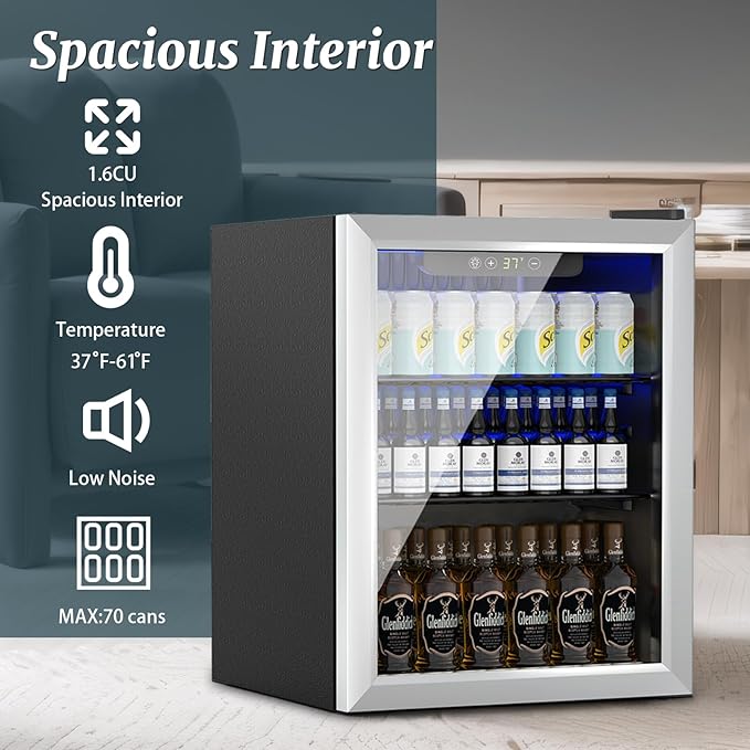 70 Can Mini Fridge - 1.7 Cu.Ft Beverage Refrigerator with Reversible Glass Door for Soda Wine Beer, Adjustable Temperature Control for Home Office Bar, Silvery(40-61 ℉)