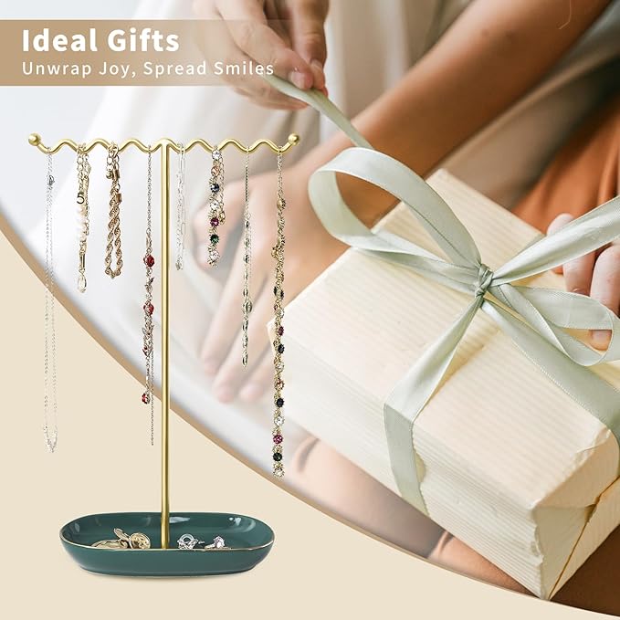 Elegant Jewelry Holder Stand: Metal Tree & Ceramic Tray Organizer for Necklaces, Rings, Earrings - Durable, Rustproof Display Holder Easy to Access Emerald Green