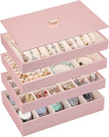 Voova Stackable Jewelry Organizer Tray with Lid, PU Leather Jewelry Storage Holder for Drawer Inserts, Jewellery Display Box Case for Earring Necklace Ring Watch Bracelet (Set of 4, Rose Gold)