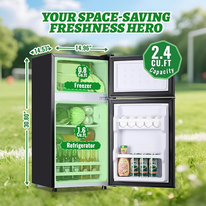 2.4 Cu.ft Mini Fridge with Top Freezer Apartment Size Dual Door Compact Refrigerator for Personal Use Small Fridge with Egg tray, 7 Temperature Control For Dorm, Black