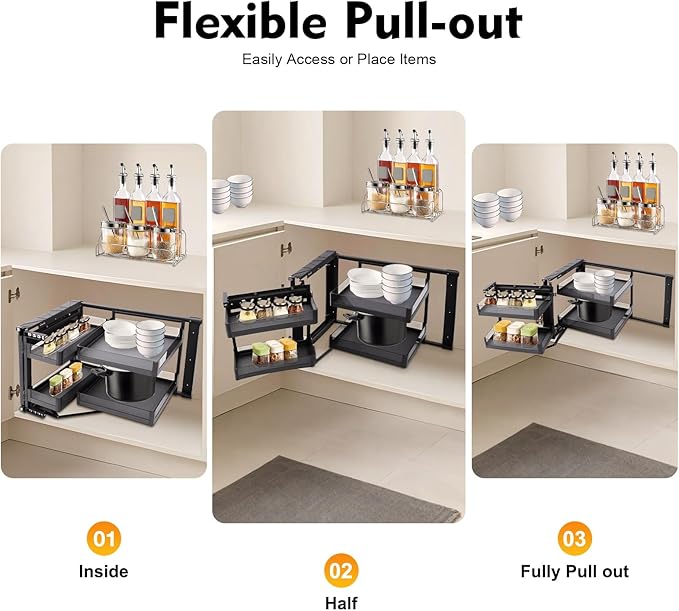 Blind Corner Cabinet Pull Out Organizer, 14 Inch 2 Tiers Pull Out Shelf with 4 Tempered Glass Baskets, 33 lbs Capacity per Basket, Adjustable Kitchen Storage for Corner Cabinet