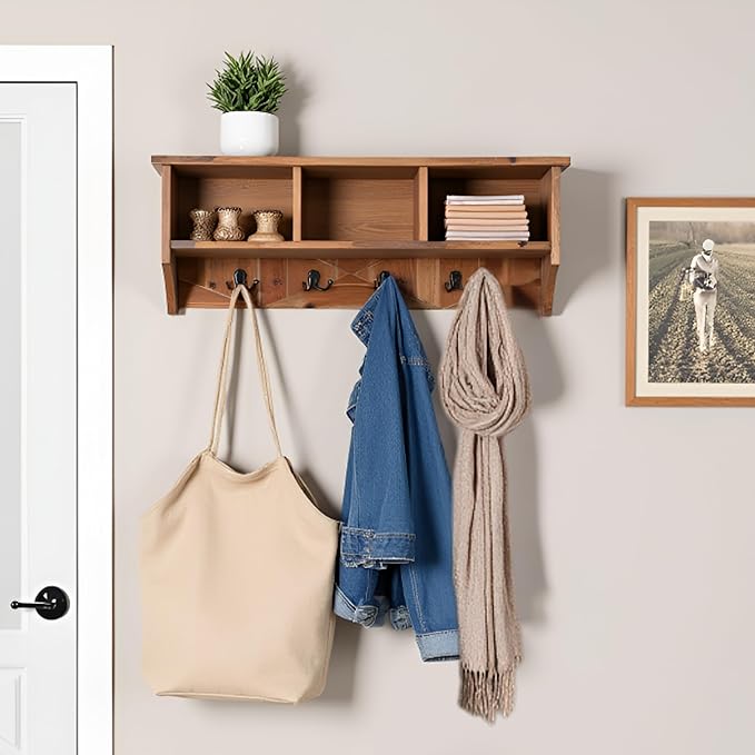 Revive Solid Wood Wall Mounted Coat Rack with 3 Cubbies and 4 Double Hooks – 36" Entryway Wall Shelf Organizer with Easy Installation for Hallway or Mudroom Storage by Alaterre Furniture (Natural)