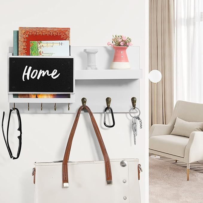 Decorative Key Hanging Rack with 8 Hooks – Easy Install Natural Wooden Key and Mail Holder for Wall Mount – Sunglasses Wallet Holder Entryway Decor with Shelf and Chalkboard (White)