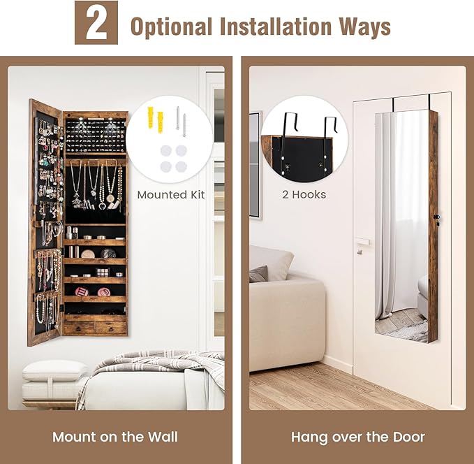HAPPYGRILL Over the Door Jewelry Organizer, Hanging Jewelry Storage Cabinet w/Full-Length, Inner Makeup Mirror, Earring Shelves, Ring Slots, 25 Necklace Hooks, Wall Mounted Jewelry Armoire for Women