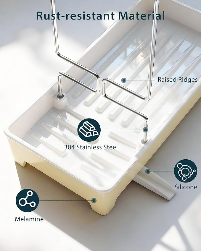 Ceramic-Look Sink Caddy, Rustproof Sponge Holder for Kitchen Sink with 304 Stainless-Steel Brush Holder, Countertop Rack Organizer with Raised Ridges & Silicone Drain Tube (Pastel Yellow)