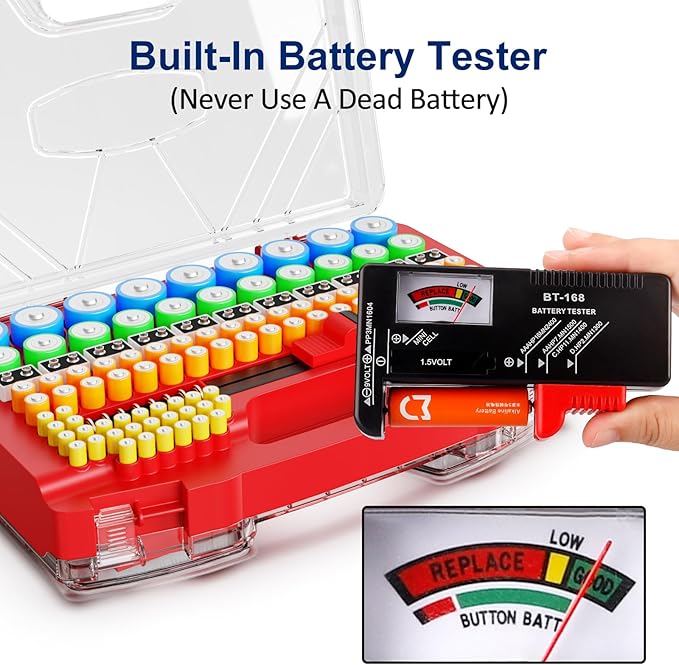 Battery Organizer Storage Holder Box Case with Tester, Stores & Protects Up to 285+ Batteries, Double-Sided and Durable Design,Holds AA AAA 4A C D Cell 9V 3V Lithium LR44 CR2 CR123 (Red)