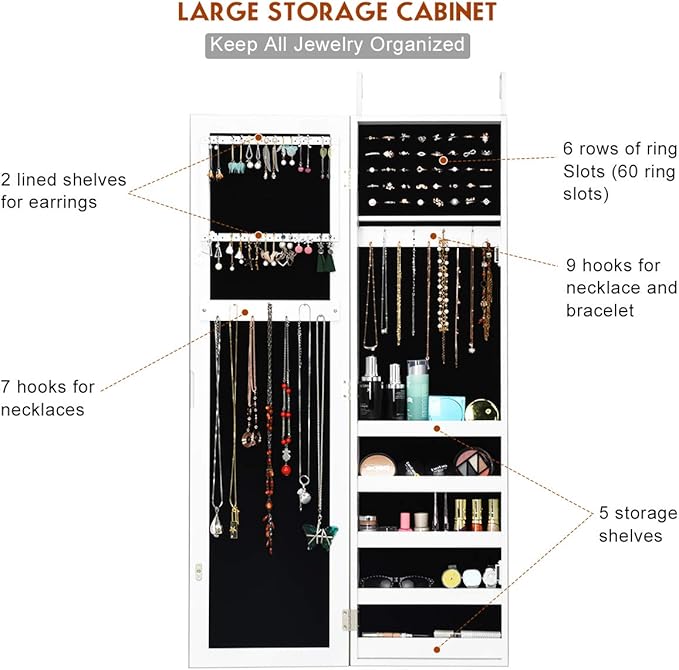 Giantex Jewelry Armoire with Full Length Mirror, Wall and Door Mounted Jewelry Cabinet Organizer with Magnetic Door, Large Storage for Earrings, Rings, Necklaces & Accessories, White
