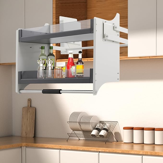 2 Tier Kitchen Cabinet Pull Down Shelf Storage, Pull-down Shelf for Kitchen Upper Cabinets, Upper Cabinet Pull Down Spice Racks for Kitchens, Living Rooms