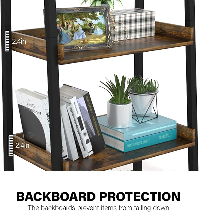 ASTARTH Ladder Shelf-5 Tier Bookshelves w/Open Shelf for Storage, Industrial Bookshelf & Tall Ladder Shelf-Metal Frame for Bedroom, Living Room, Kitchen-67.3'' H, Easy Assembly, Rustic Brown (HD021)
