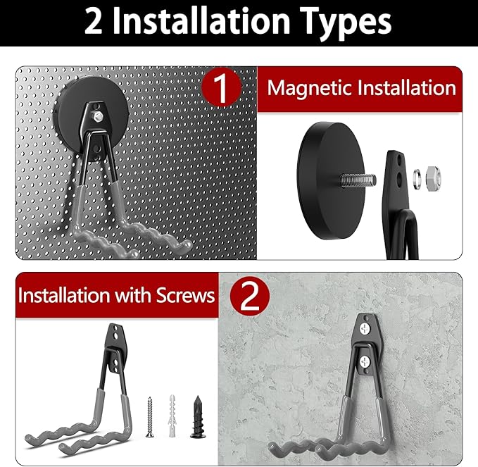 3-H Magnetic Wave Hooks Heavy Duty 2 Pack, Large Magnet Garage Hooks Heavy Duty and Strong Utility Magnetic Tool Holde for Hanging and organizing Garden Power Tool (Grey