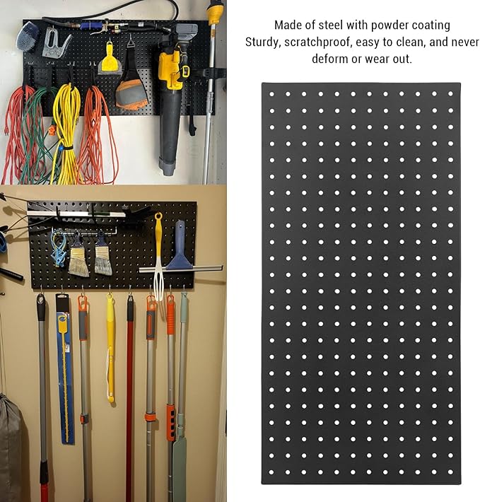 3Pcs Metal Pegboard Panels, 24x12inch Steel Black Pegboards Wall Organizer, 130lbs Heavy Duty Peg Board for Walls Home, Garage Tool Storage, Office Organization