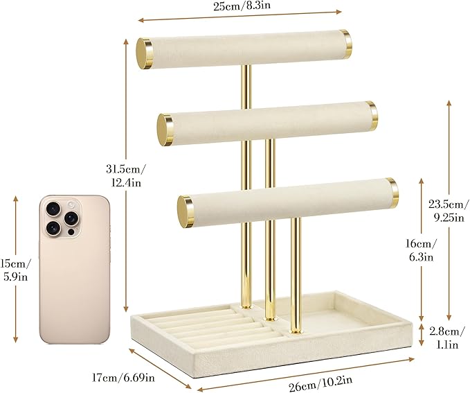 3 Tier Bracelet Holder Display - Detachable T Bar Beige Velvet Bracelet Holder, Jewelry Holder Organizer for Bracelet, Necklace, Earrings, Rings