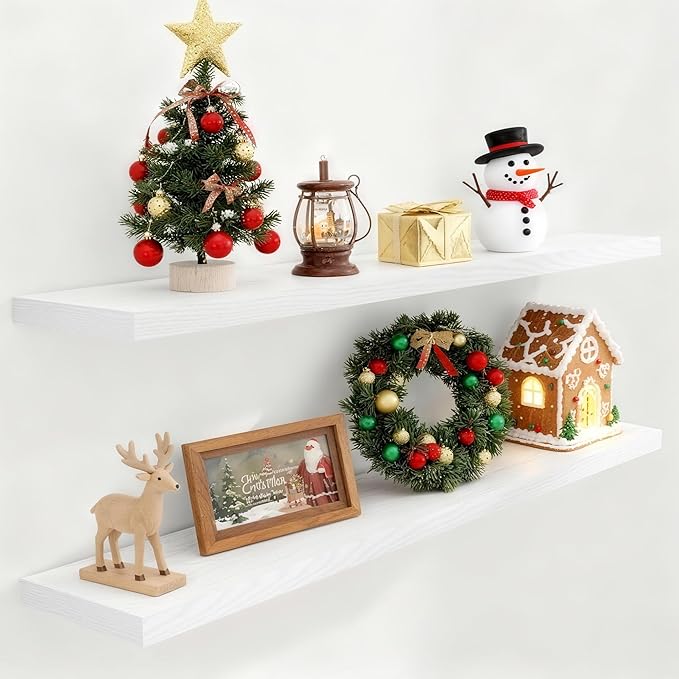 Fun Memories White 55Inch Floating Shelves for Wall 2 Pack Shelves for Bedroom|Kitchen|Bathroom Wall Mounted Rustic Wood Floating Shelf with Invisible Brackets for Books|Storage|Decor