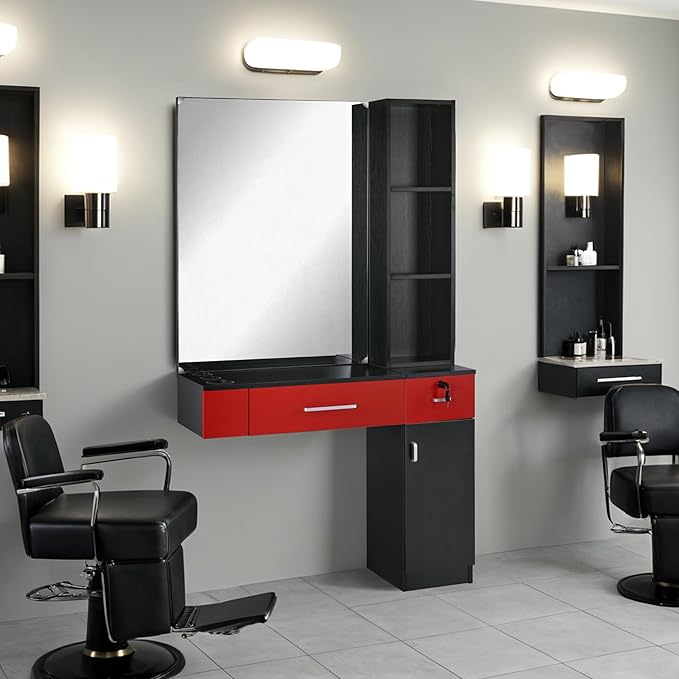 BarberPub Wall Mount Salon Station with 3 Hair Dryer Holders Hair Styling Station with Mirror Beauty Salon Spa Equipment Set 3026 (Right Shelf)…