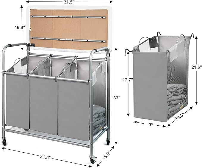3 Bags Laundry Sorter Cart, Heavy Duty Rolling Laundry Hamper Sorter with Ironing Board(Grey)