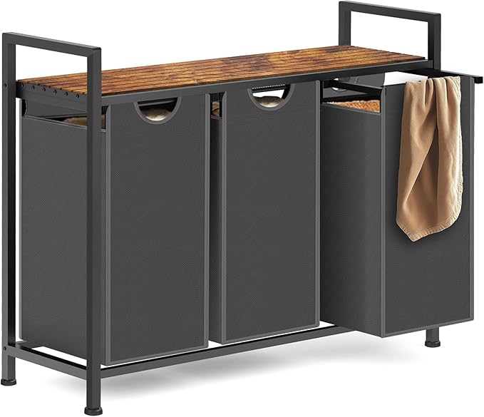 Laundry Hamper, Laundry Sorter with 3 Pull-Out Removable Oxford Fabric Bags Cloth Laundry Basket 3 x 10 Gallons (Grey and Rustic Brown)
