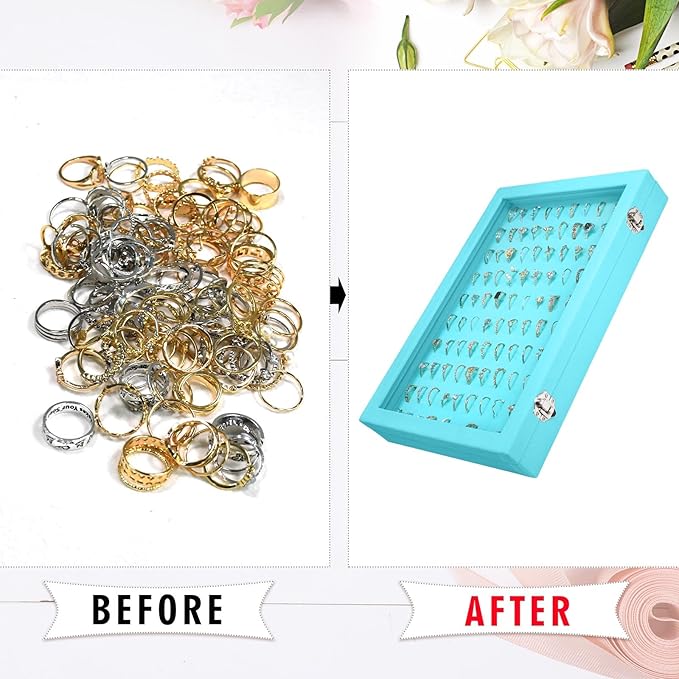 Velvet Ring Display Tray Organizer Box with Transparent Lid, 100 Slot Ring Holder Showcase For Store Display Jewelry Show Home, Ring Organizer For Rings Earrings (Light Blue)
