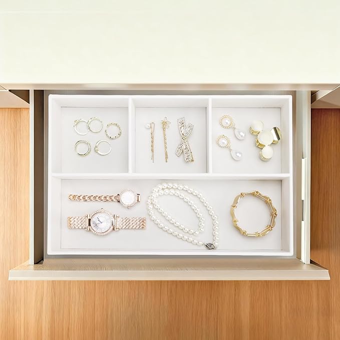 KINGFOM PU Leather Desk Drawer Organizer, 4 Compartment Office Supplies Stationery Storage Tray, Desk Organizers and Accessories Drawer Organizer Tray for Home, Makeup, Jewelry Stackable White