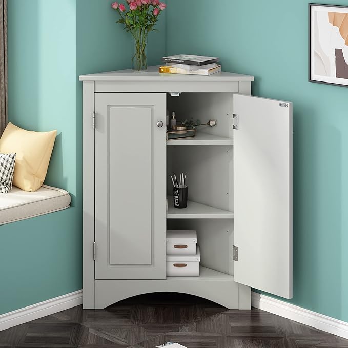 GDFStudio 31.5" H Triangle Corner Bathroom Storage Cabinet with Adjustable Shelves,Freestanding Floor Cabinet for Small Spaces,Water-Resistant Cabinet Modern Organizer for Home,Kitchen,Hallway, Grey