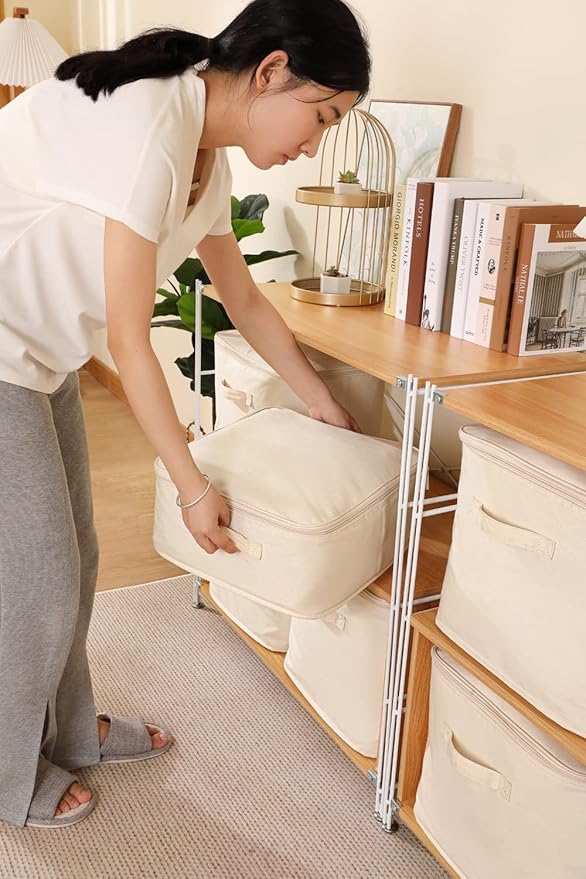 Decorative Basket Rectangular Fabric Storage Bin Organizer Basket with Handles for Clothes Storage (14.1 x 14.1 x 12.5, Beige)