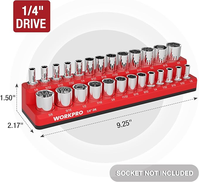 WORKPRO Magnetic Socket Organizer, 1/4-Inch SAE Socket Holder, Socket Trays Holds 26 Pieces Standard Size and Deep Size Sockets(Sockets not Included)