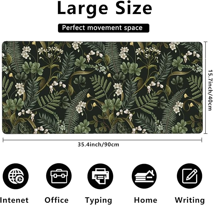 Desk Mat,White Flowers and Fern Gaming Mouse Pad,XXL Extended Mouse Pad Mat for Office,Computer,Keyboard with Non-Slip Base Stitched Eges Mousepad 35.4x15.75 inch