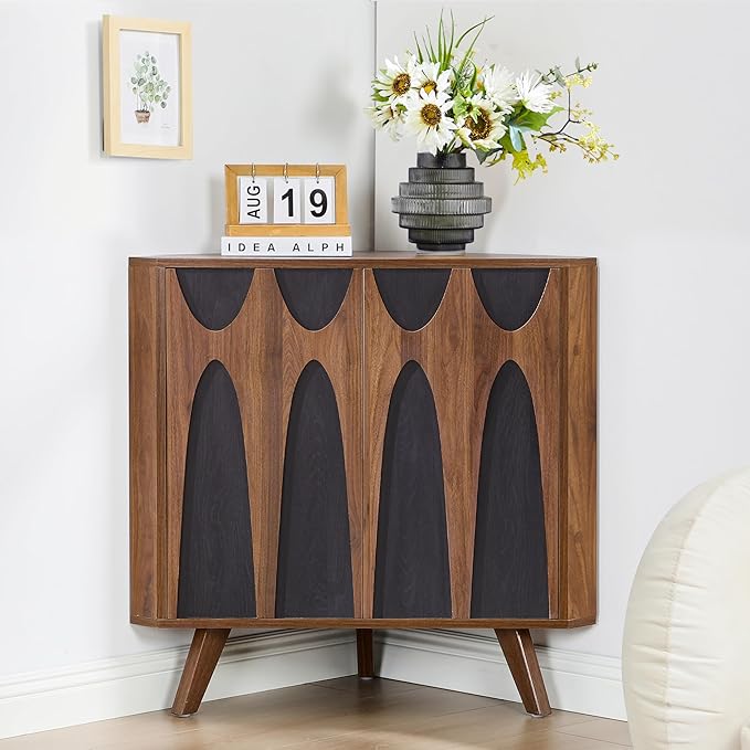 Small Corner Cabinet,Corner Floor Cabinet with Adjustable Doors and Shelve, Freestanding Narrow Storage Organizer for Kitchen Living Room Bathroom (Walnut and Black)