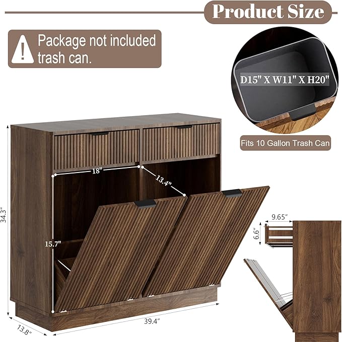 Double Tilt Out Trash Can Cabinet, Laundry Hamper Cabinet with 2 Drawers, Trash Can Holder Cabinet, Wave-Textured Front, 2 × 10 Gallon, Walnut