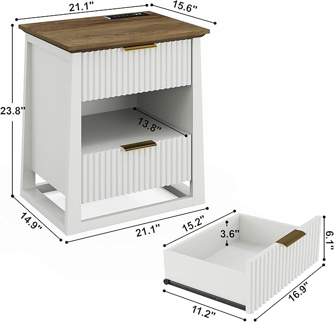 HIFYOBRO Fluted Nightstands Set of 2 with Charging Station & Motion Sensor Light, Modern Bedside Tables with 2 Drawers and Storage Shelf for Bedroom, White