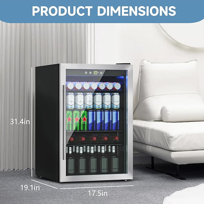 4.5 Cu.Ft Mini Fridge for 145 Cans, Beverage Refrigerator with Glass Door and Digital Display, Small Drink Fridge with Adjustable Shelves for Soda, Beer, or Wine, Compact Fridge for Bar Office