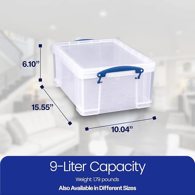 Really Useful Box 9 Liter Plastic Stackable Storage Container with Snap Lid & Built-in Clip Lock Handles for Home or Office Organization, Clear
