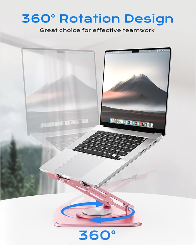 Adjustable Laptop Stand, Computer Stand with 360 Rotating Base, Ergonomic Laptop Riser Mount for Desk Foldable Protable Computer Desk Fits with MacBook Pro Air (10-16") - Pink