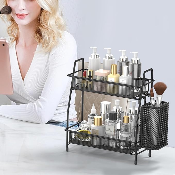 2-Tier Bathroom Counter Organizer, Bathroom Organizer Countertop with Side Basket, Kitchen Countertop Organizer, Metal Spice Rack Organizer, BLACK..