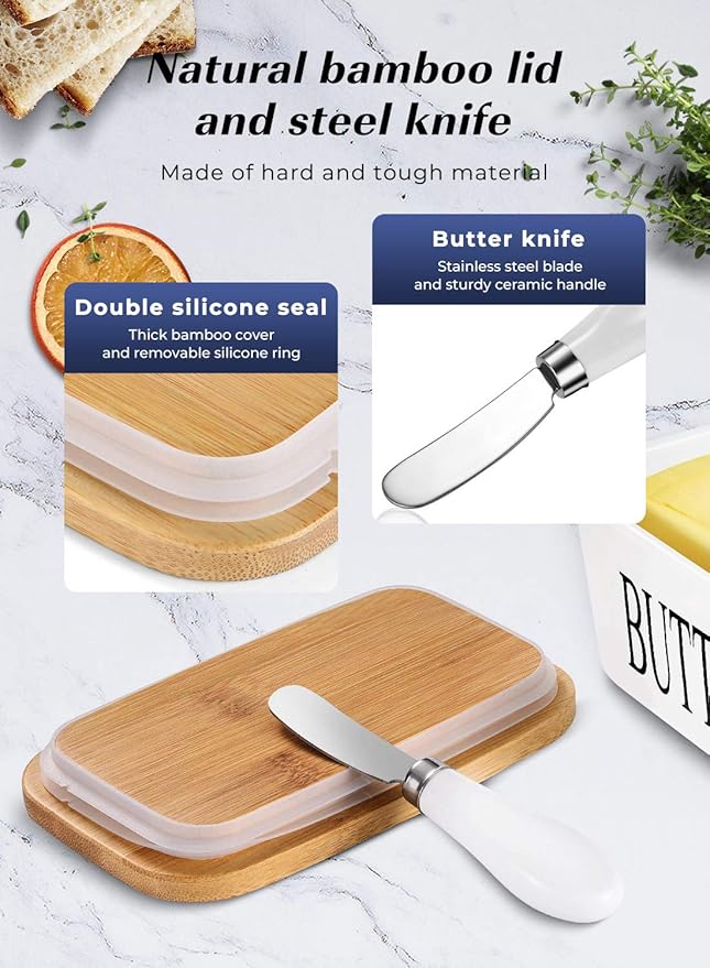 Butter Dish with Lid, Large Butter Container for Countertop, Ceramic Butter Holder for Counter, Butter Tray Butter Keeper with Knife and Sponge Scrubber, Perfect for 2 Sticks of Butter, White