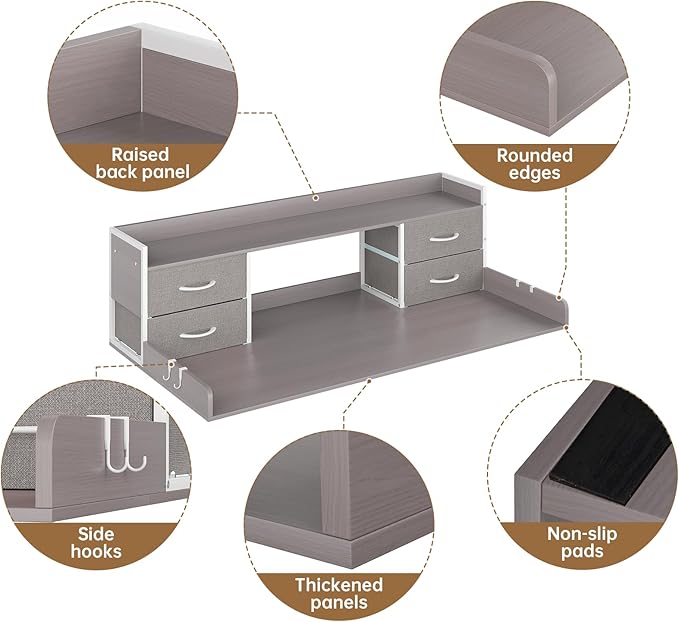 4 Drawers Washer Dryer Countertop with Shelf, 27.5" D x 54" W Laundry Topper with 3.54" High Guardrails and Non-Slip Pads,Extra Storage Organizer for Over Washer and Dryer, Holds 66 Lbs, Light Grey