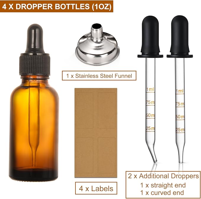 4 Pack, 1 oz Amber Glass Dropper Bottles Plus 2pcs Graduated Calibrated Glass Pipettes (1ml)- 30ml Dark Brown Tincture Bottles with Eye Droppers for Essential Oils, Liquids - Leakproof Travel Bottle